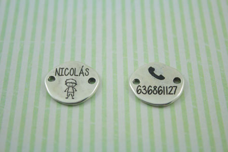 chapas-zamak-grabado-laser--para-pulsera-con-telefono-para-niños